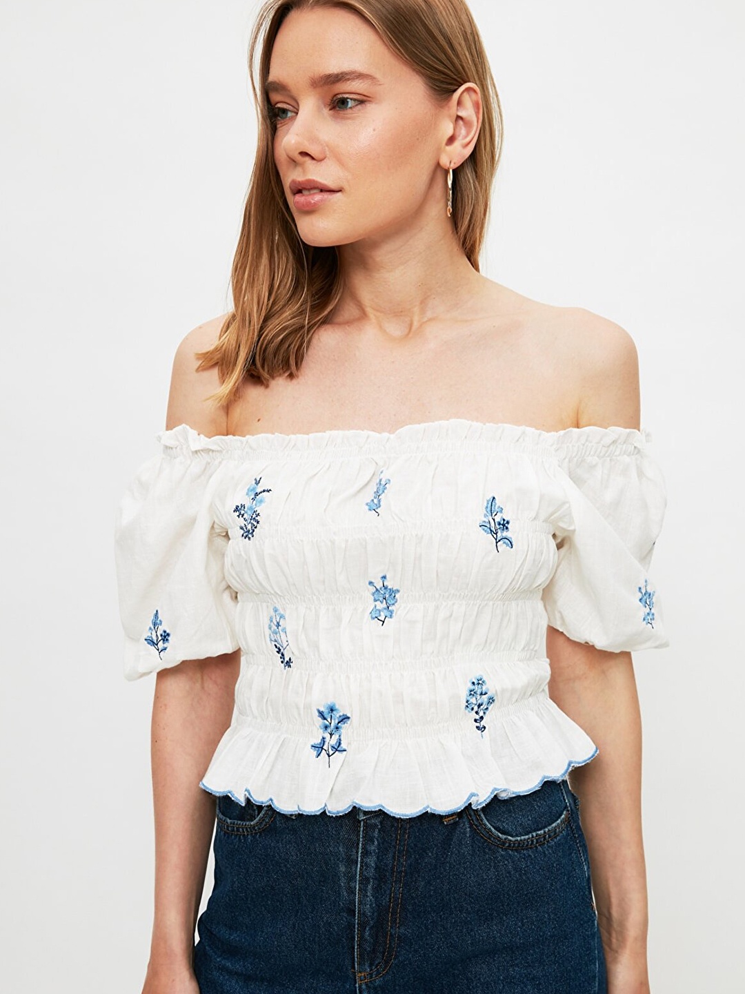 

Trendyol Women White & Blue Floral Embroidered Pure Cotton Off-Shoulder Smocked Crop Top