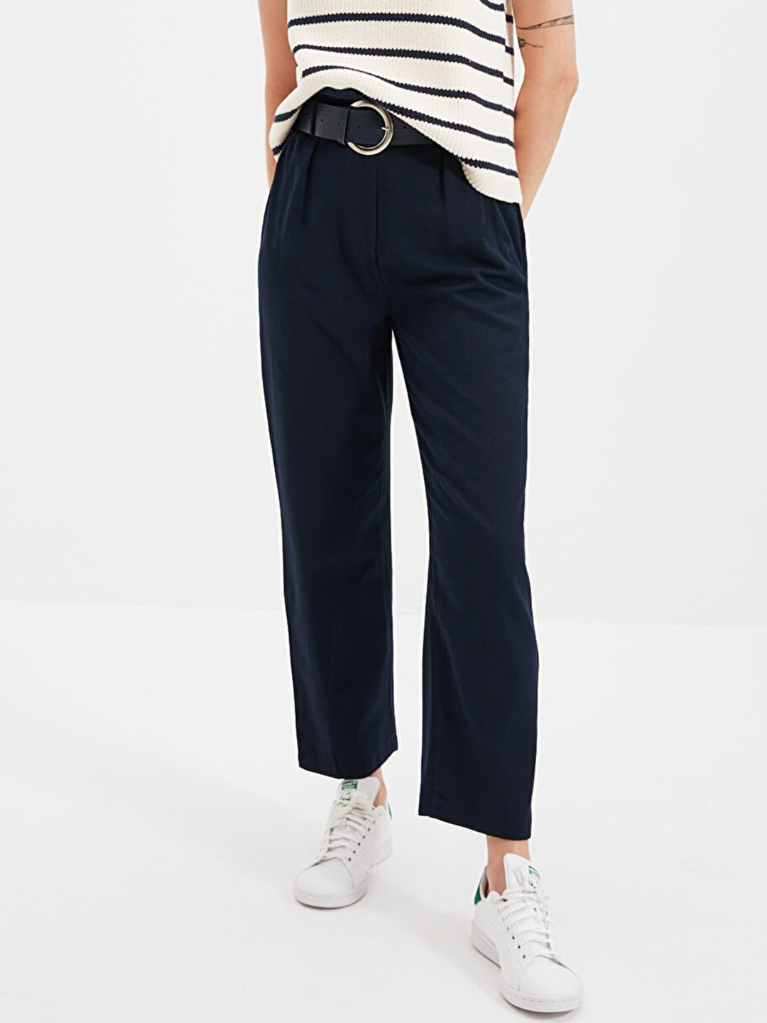 

Trendyol Women Navy Blue Solid Pure Cotton Trousers with Belt