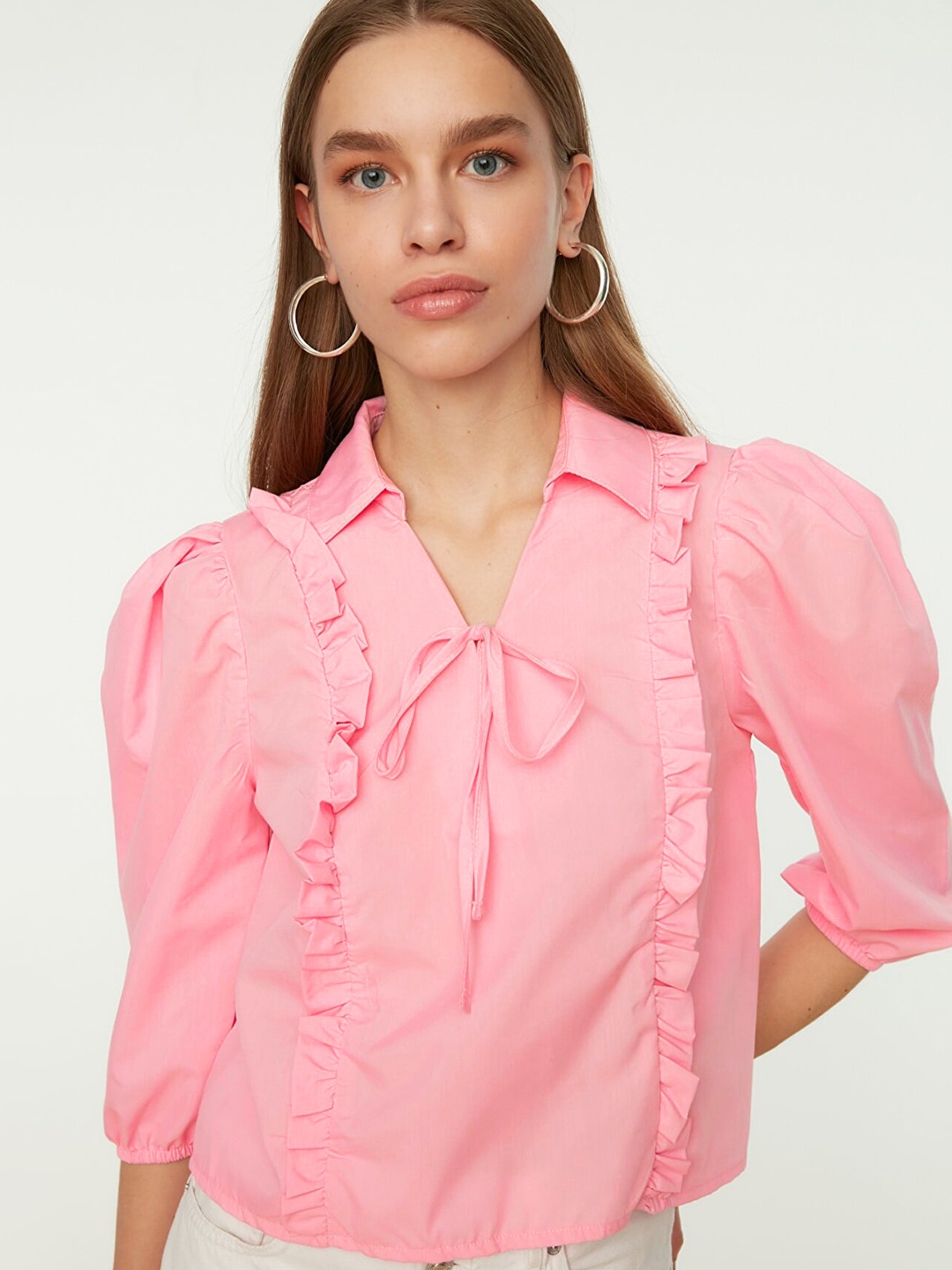 

Trendyol Women Pink Solid Pure Cotton Ruffles Detail Top