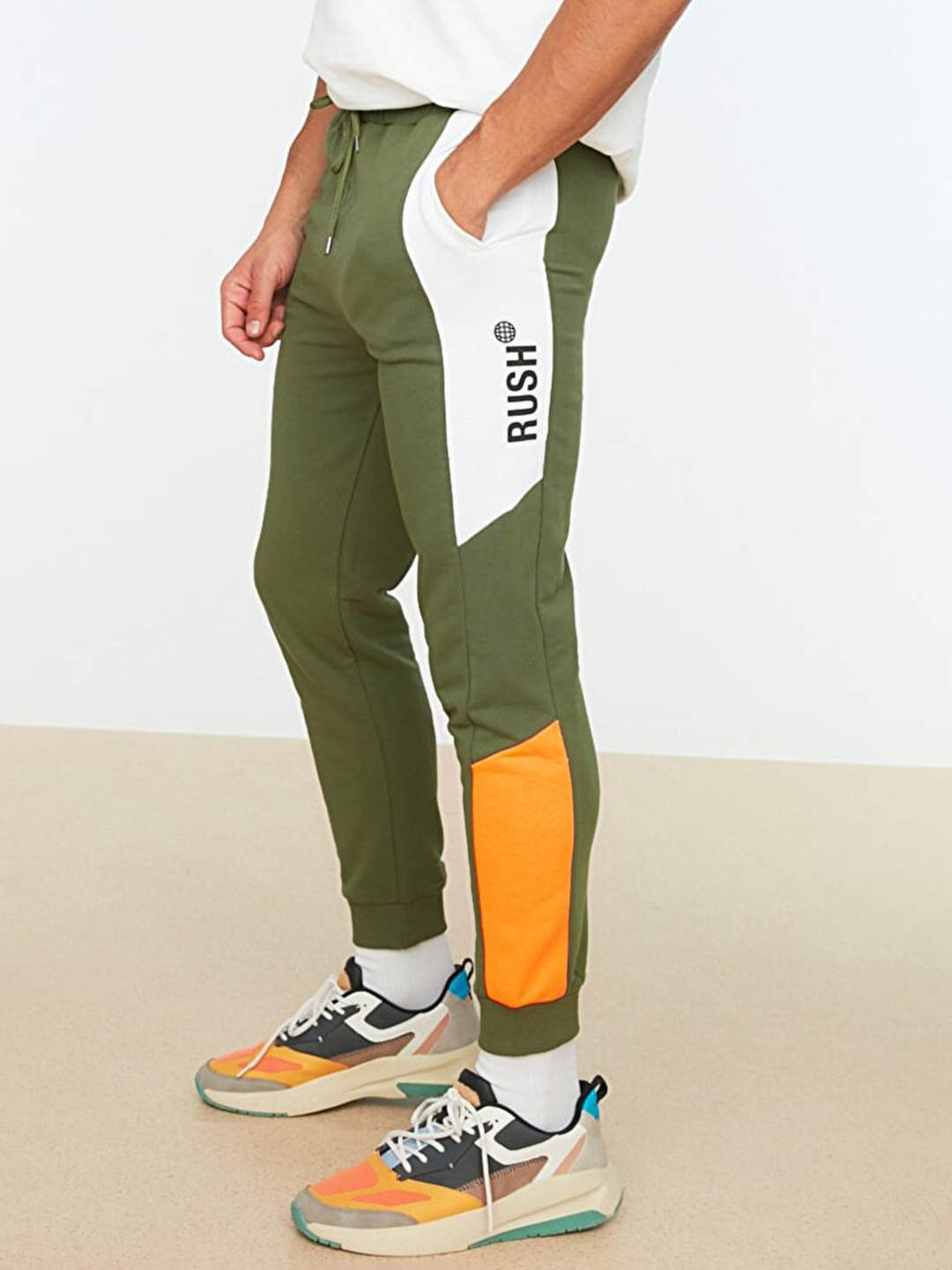 

Trendyol Men Olive Green & White Striped Joggers