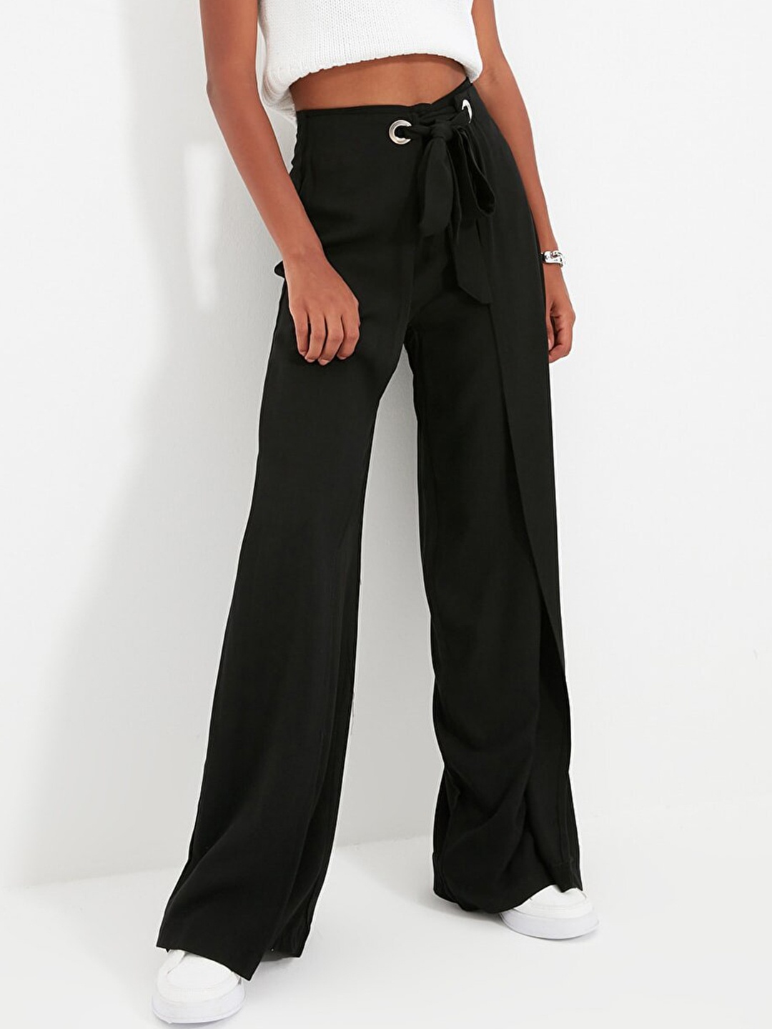 

Trendyol Women Black Solid Flared Trousers