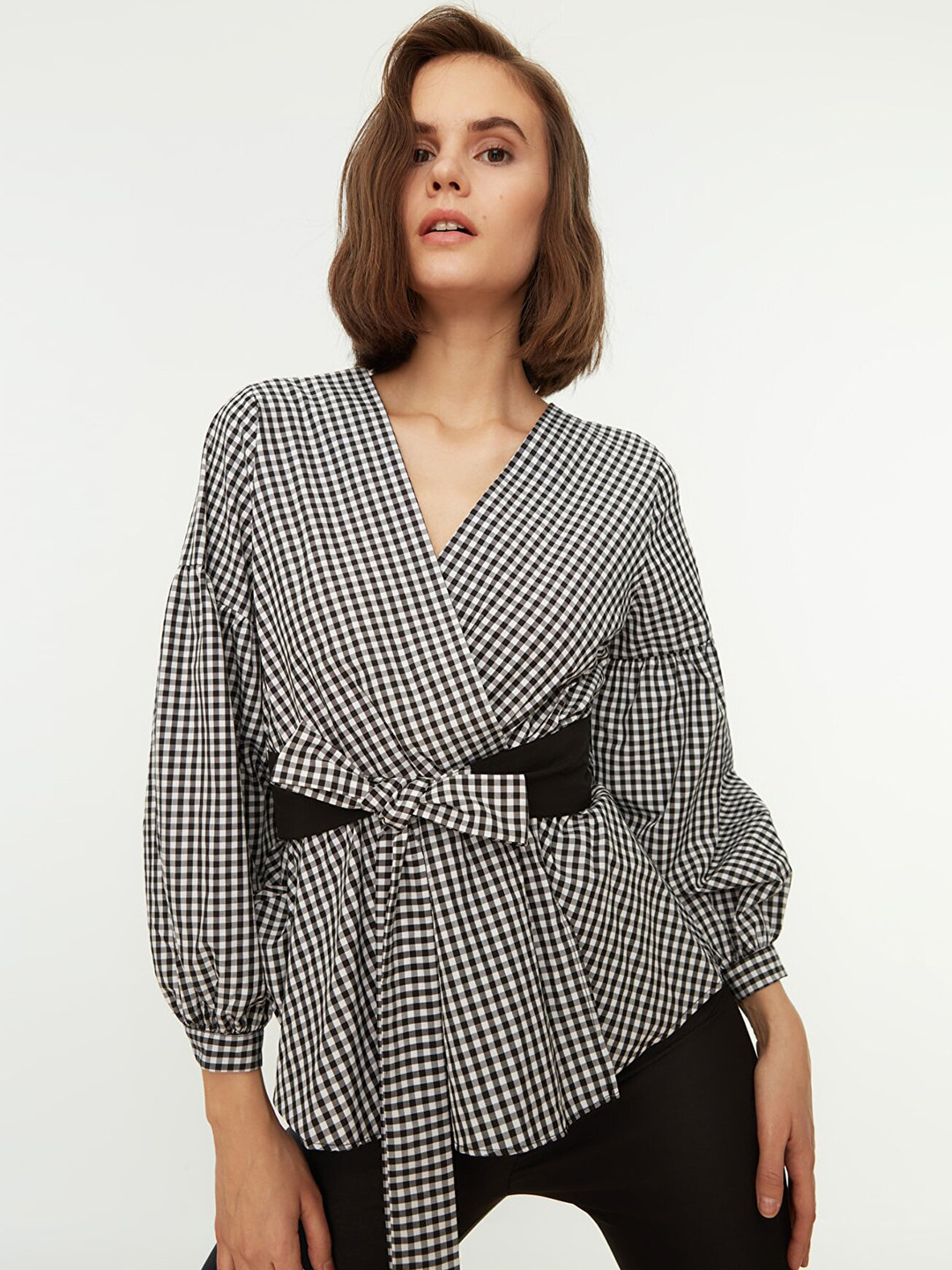 

Trendyol Women Black & White Checked Wrap Top Comes with a Belt