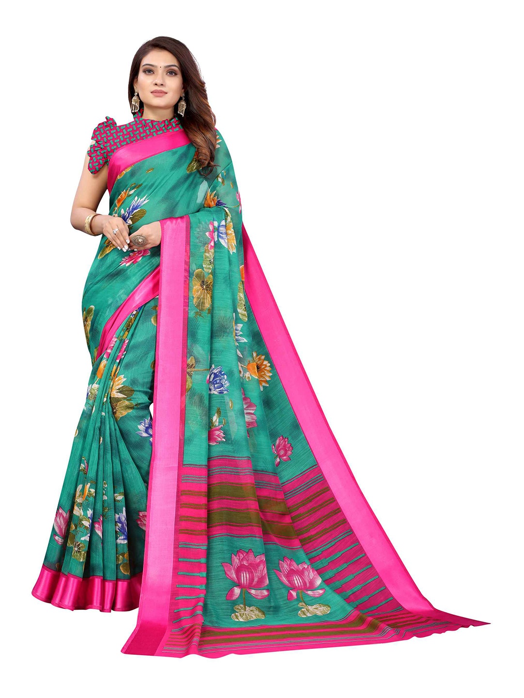 

AADVIKA Green & Pink Floral Zari Linen Blend Saree
