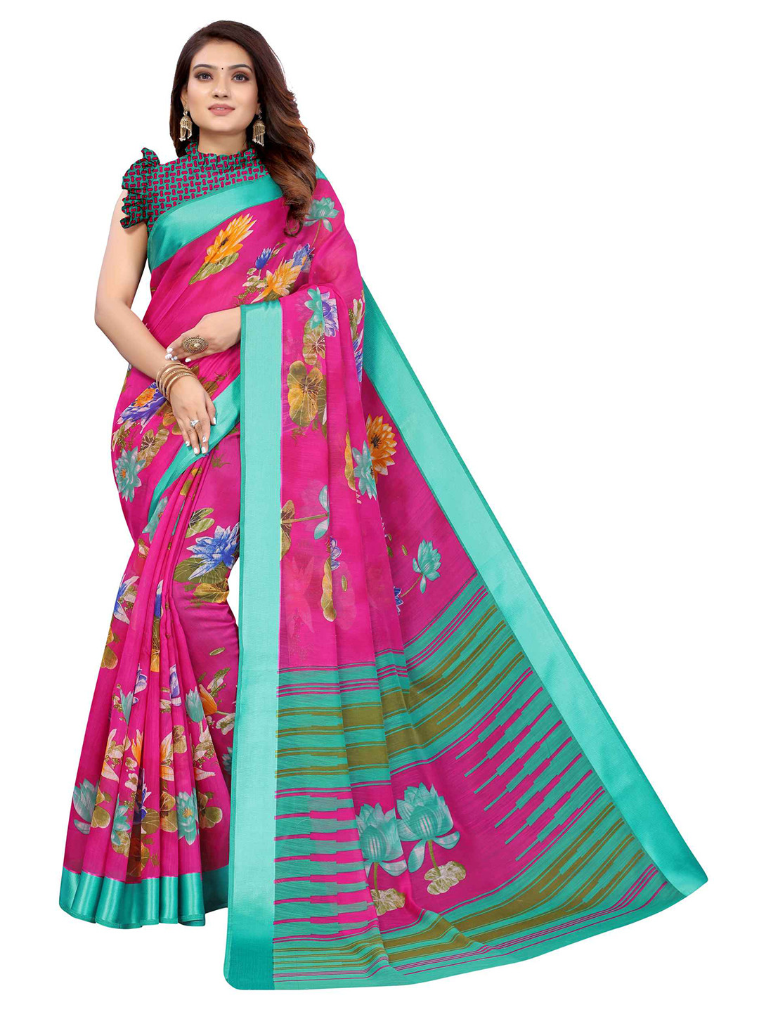 

AADVIKA Pink & Sea Green Floral Cotton Linen Saree