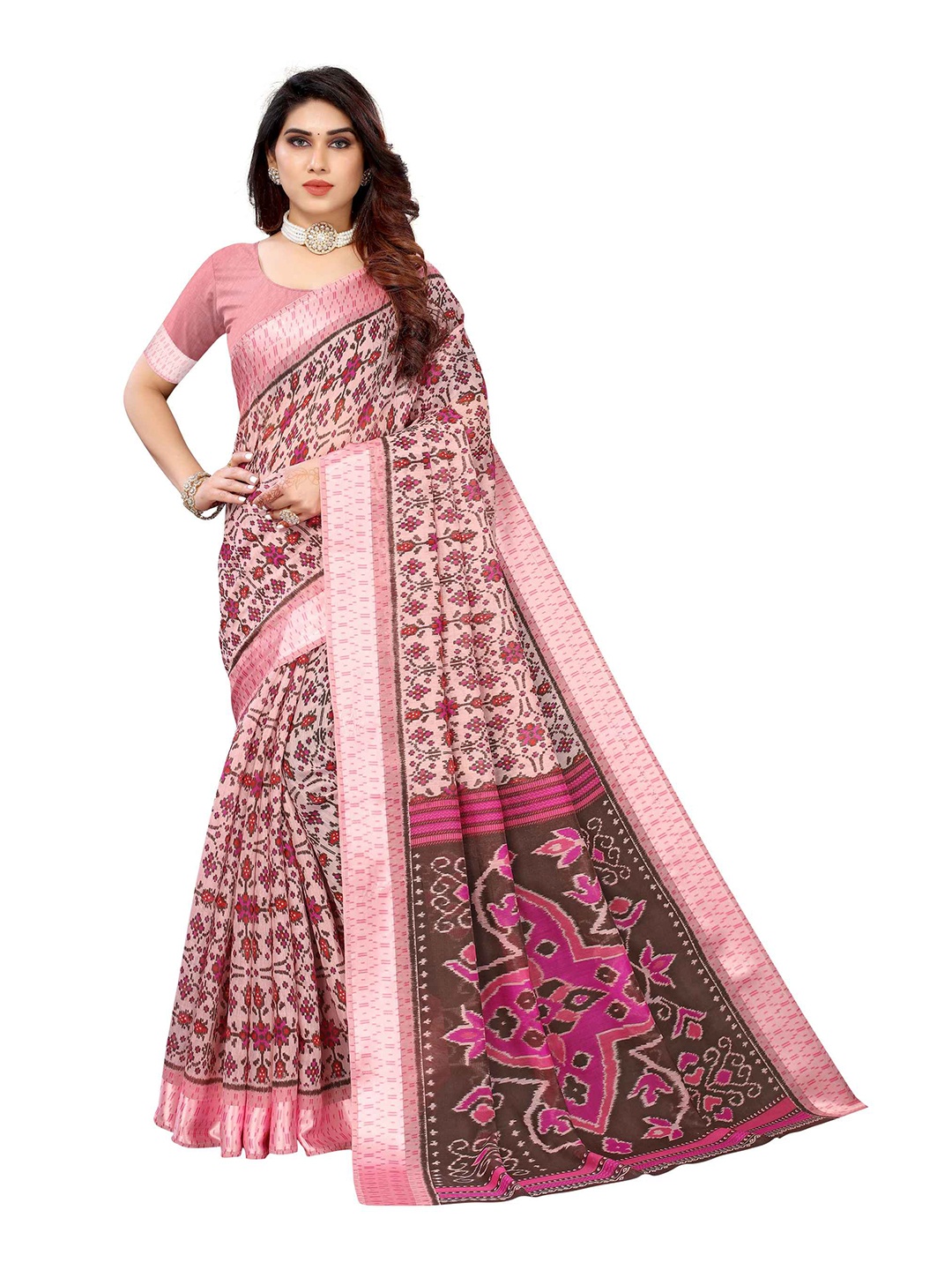 

AADVIKA Pink & Brown Ethnic Motifs Linen Blend Saree