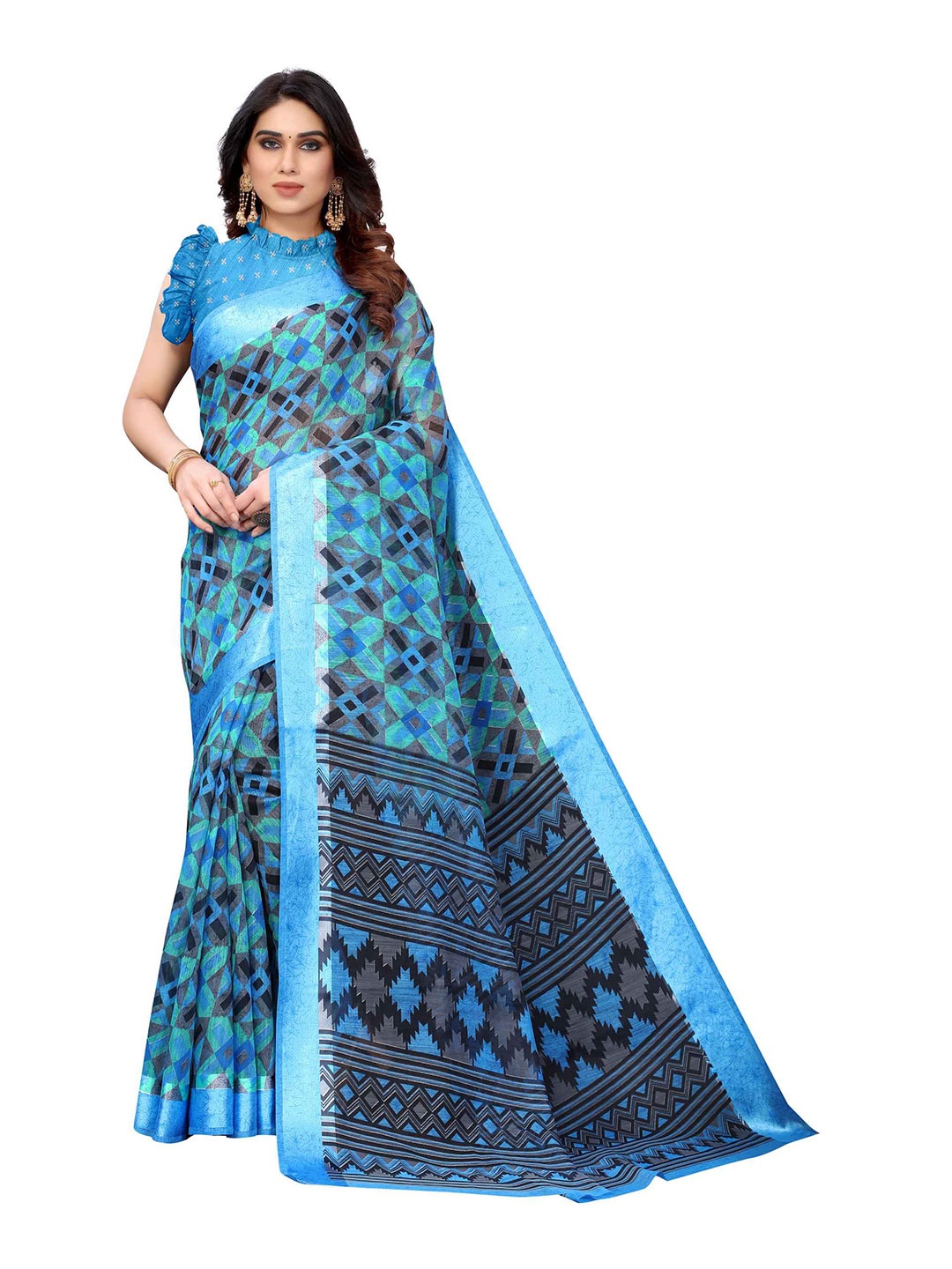 

AADVIKA Blue & Navy Blue Floral Zari Linen Blend Saree