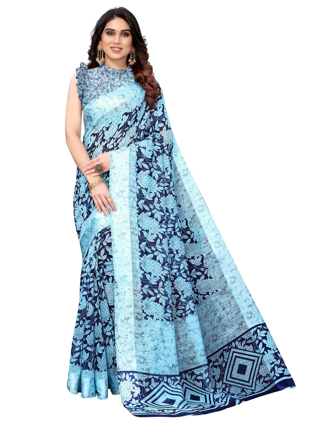 

AADVIKA Blue & Navy Blue Floral Linen Blend Saree