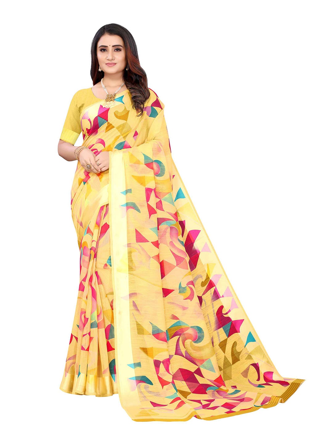 

AADVIKA Yellow & Orange Linen Blend Saree