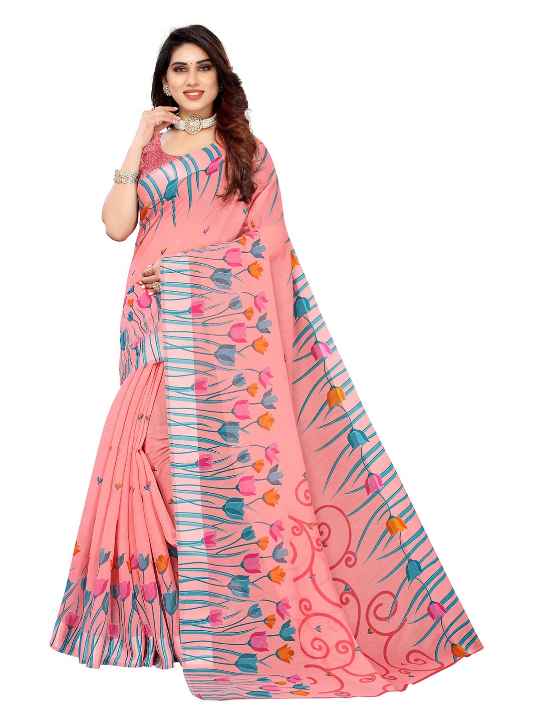 

AADVIKA Pink & Blue Floral Linen Blend Saree