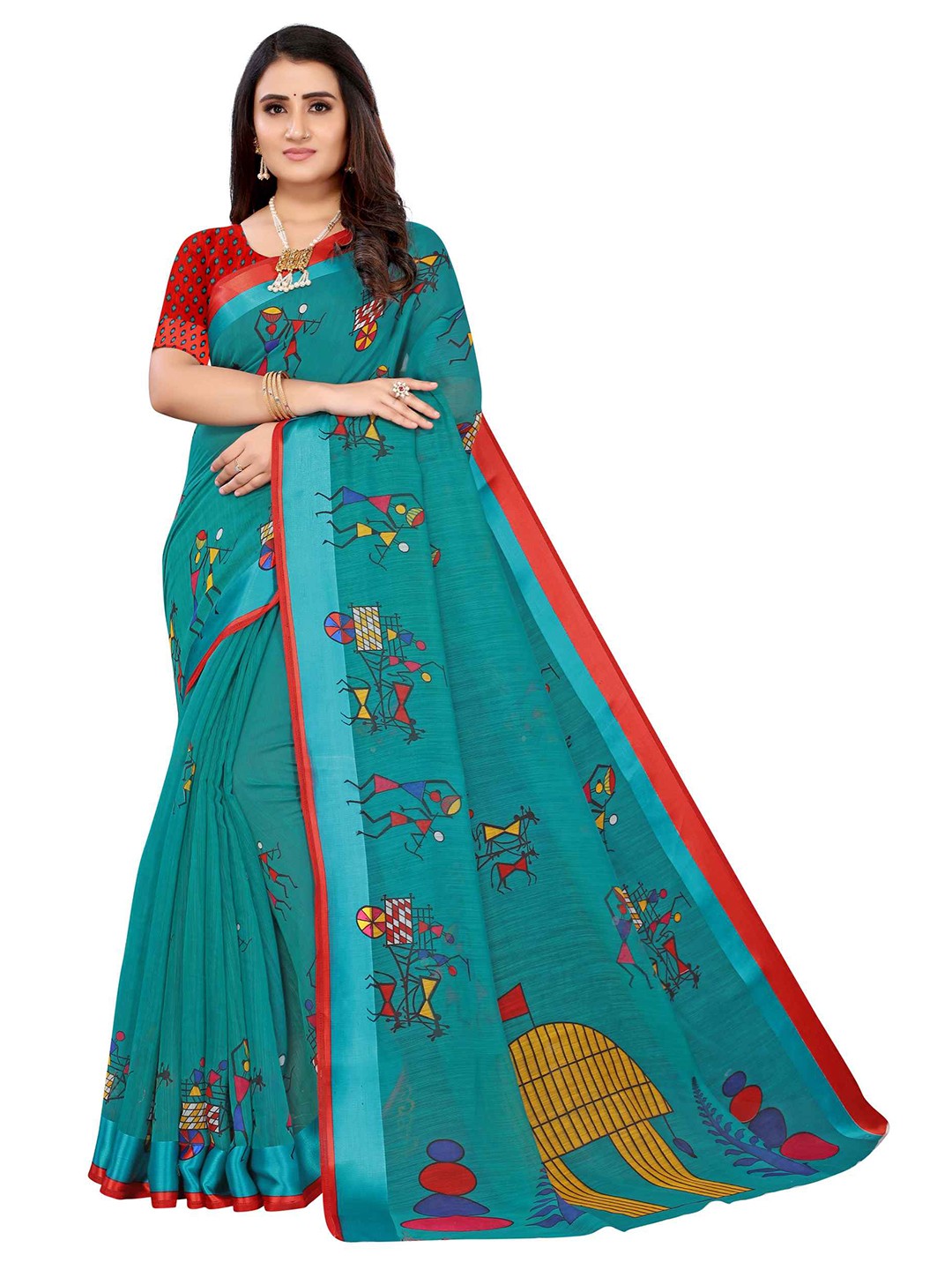 

AADVIKA Green & Red Warli Linen Blend Saree