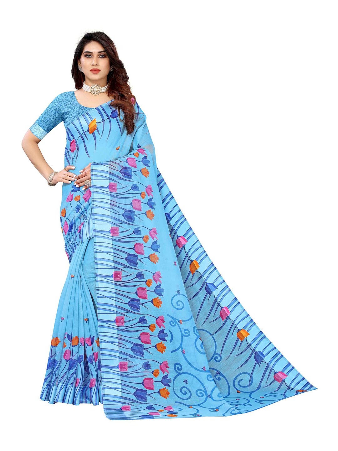 

AADVIKA Blue & Pink Floral Linen Blend Saree