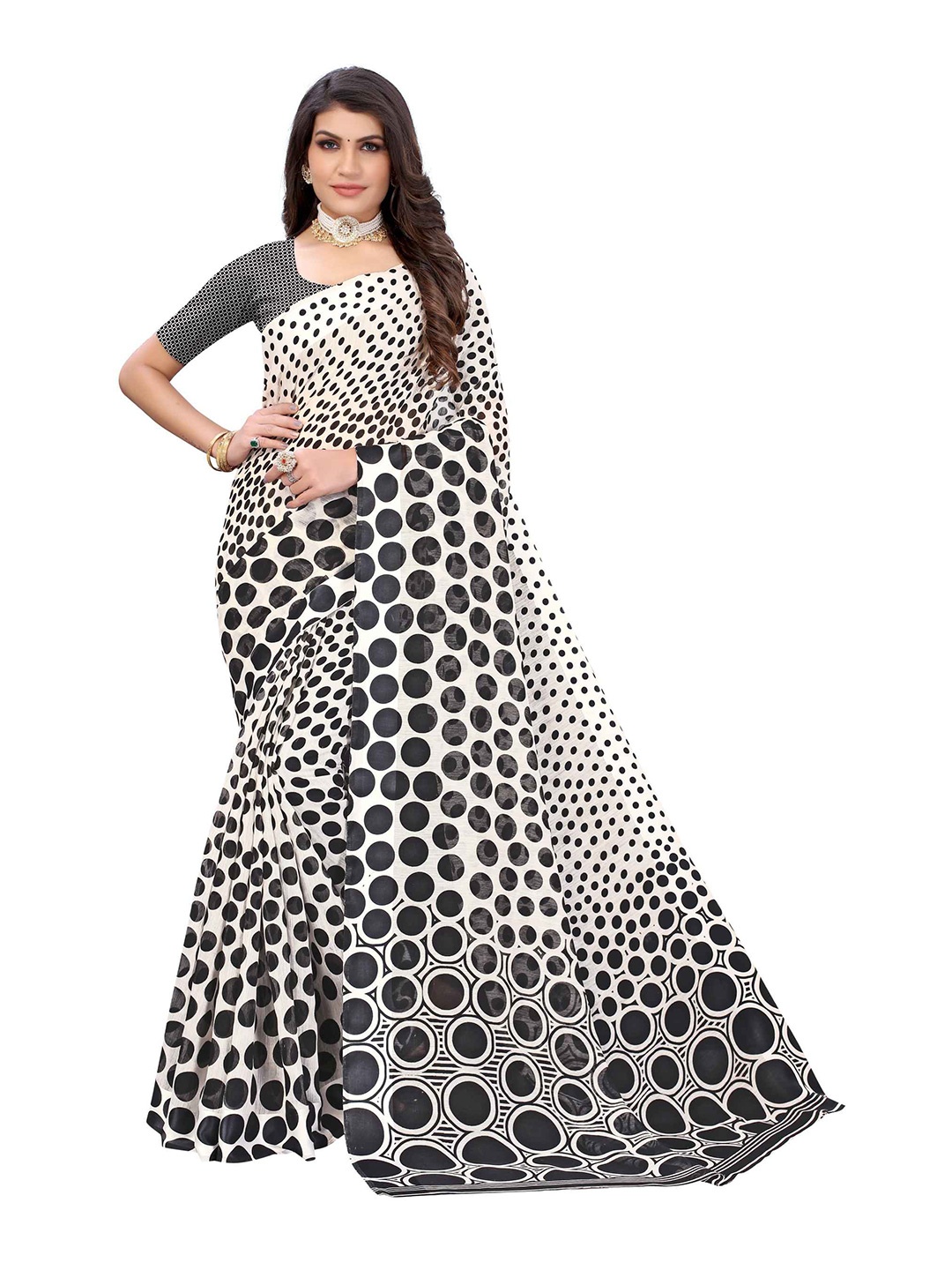 

AADVIKA Grey & Black Polka Dots Printed Saree