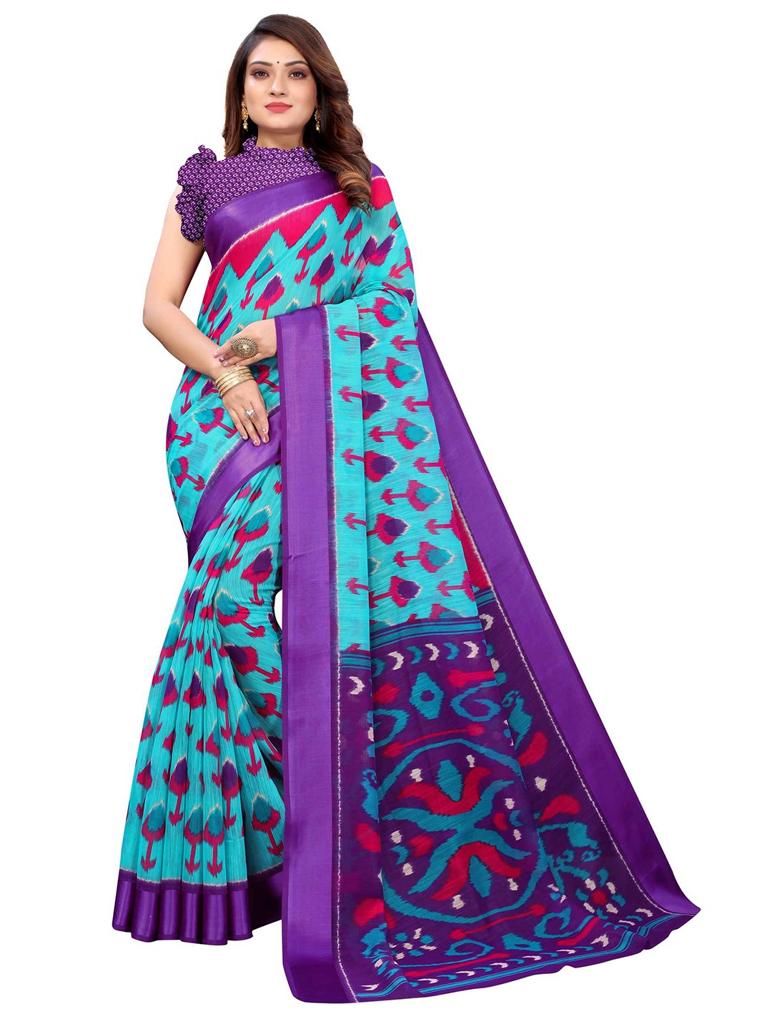 

AADVIKA Blue & Purple Ethnic Motifs Linen Blend Saree