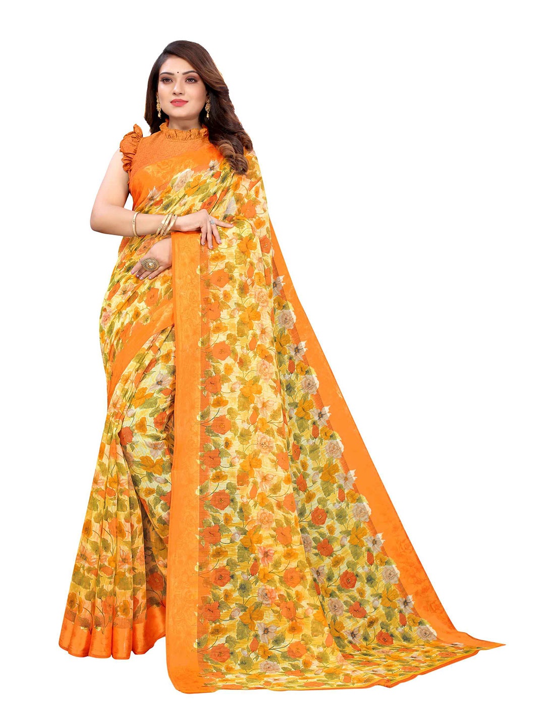 

AADVIKA Yellow & Peach Floral Printed Saree