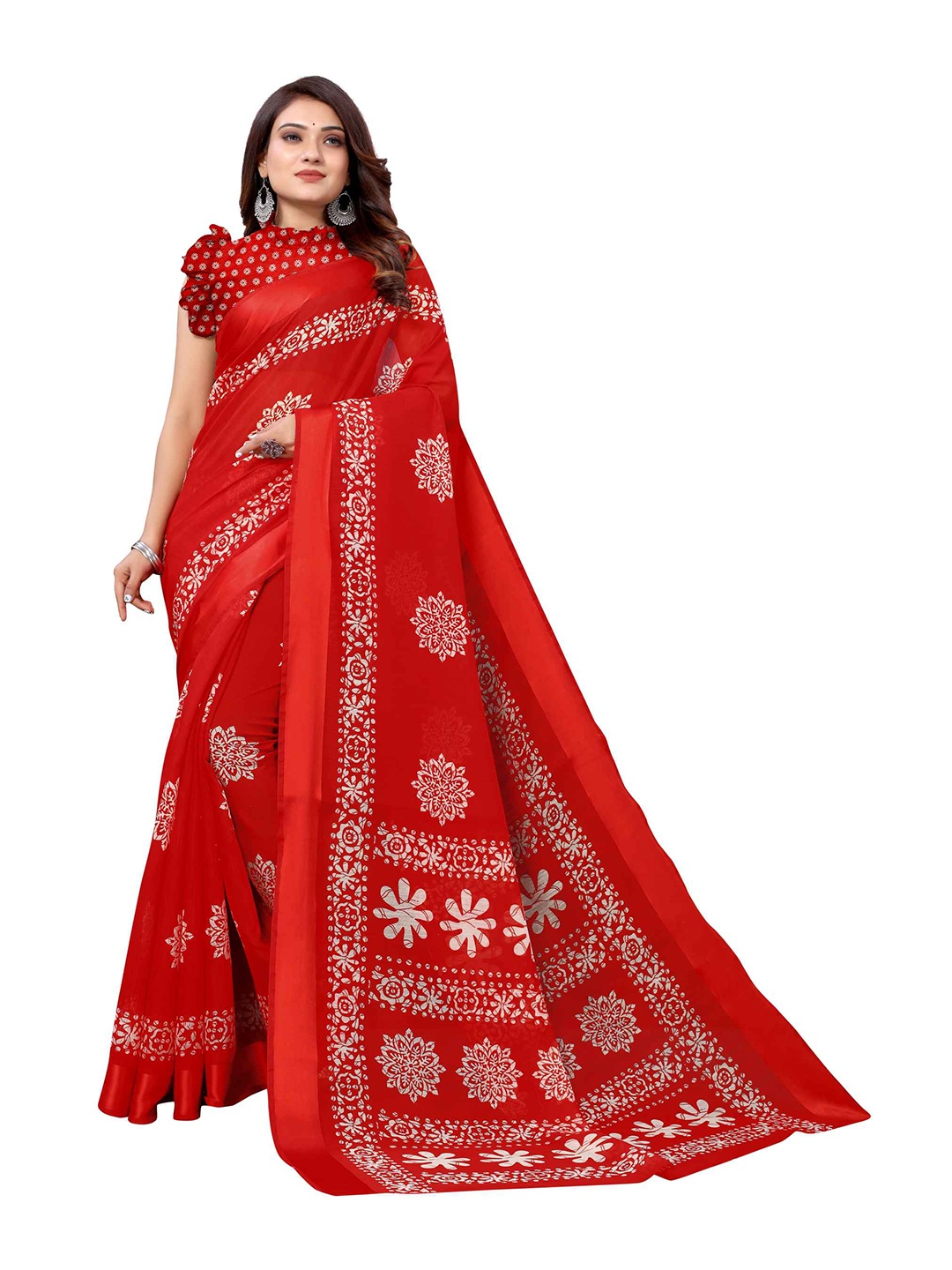 

AADVIKA Red & Gold-Toned Floral Linen Blend Saree