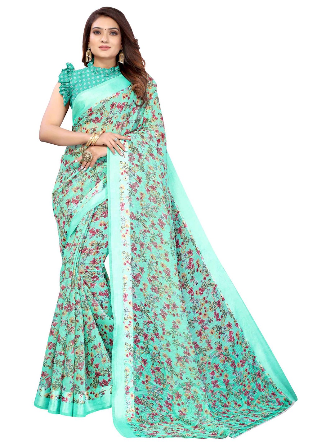 

AADVIKA Blue & Pink Floral Printed Saree