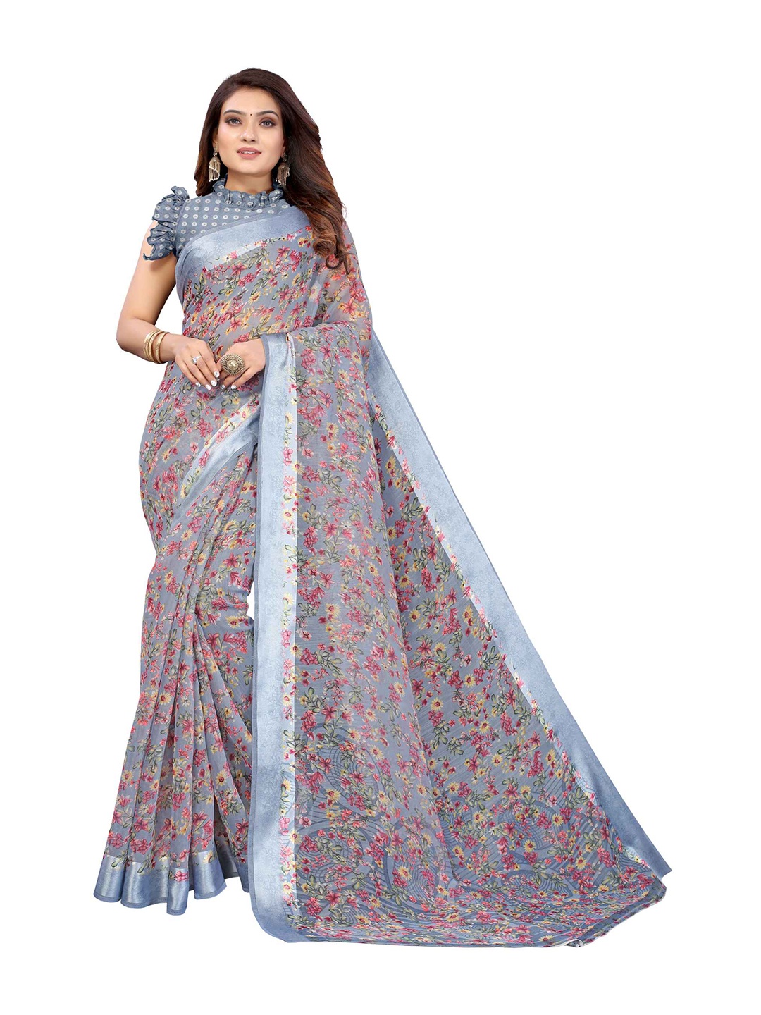 

AADVIKA Grey & Red Floral Linen Blend Saree