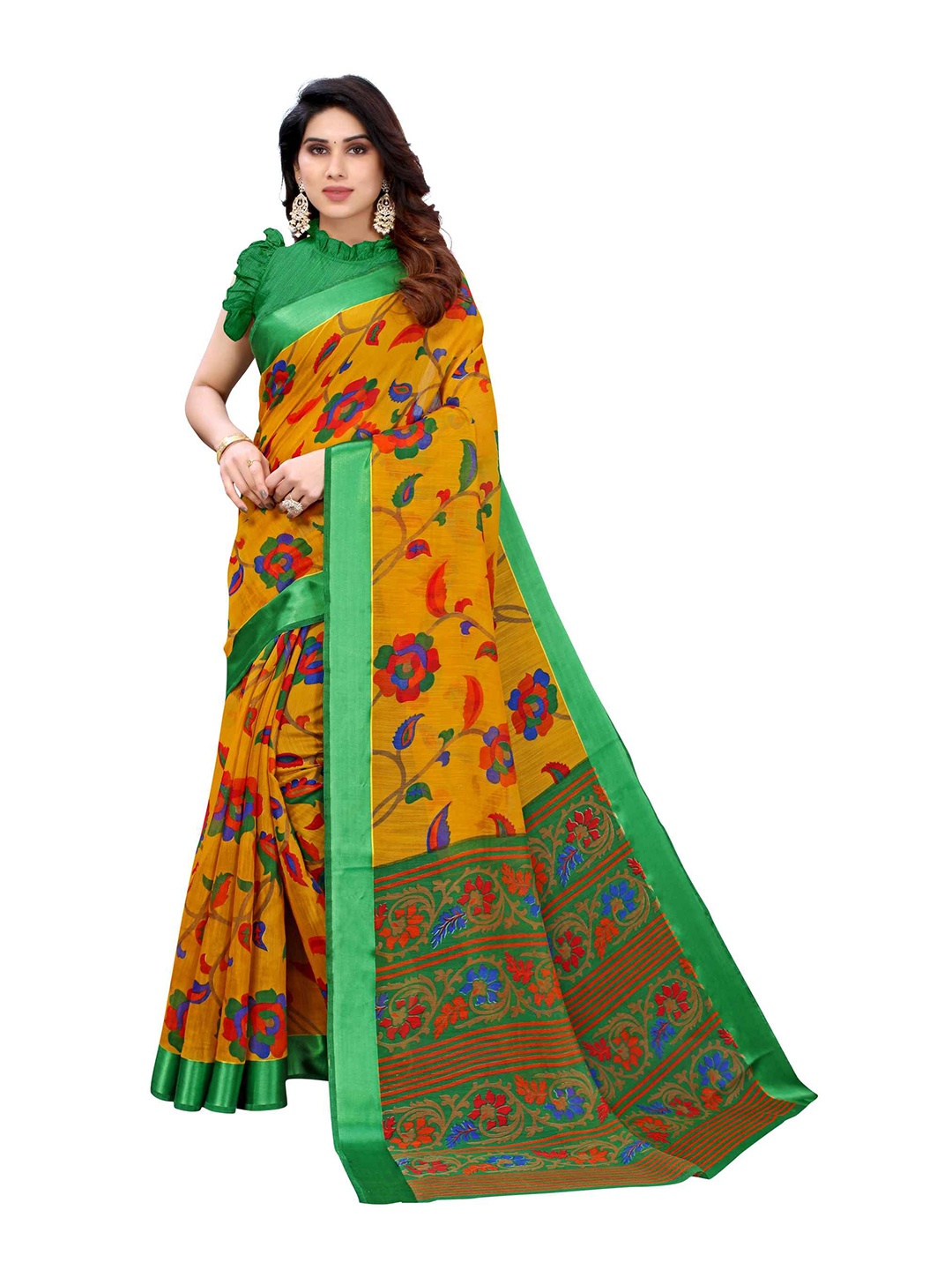 

AADVIKA Yellow & Green Floral Linen Blend Saree