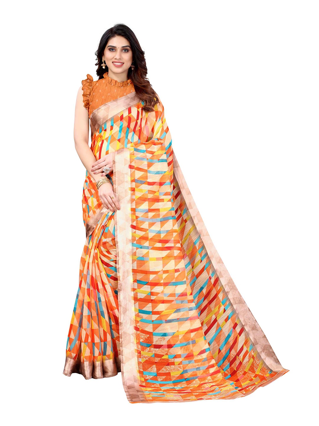 

AADVIKA Orange Abstract Print Saree