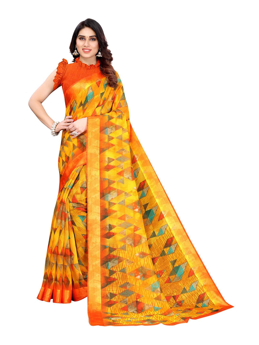 

AADVIKA Yellow & Red Linen Blend Saree