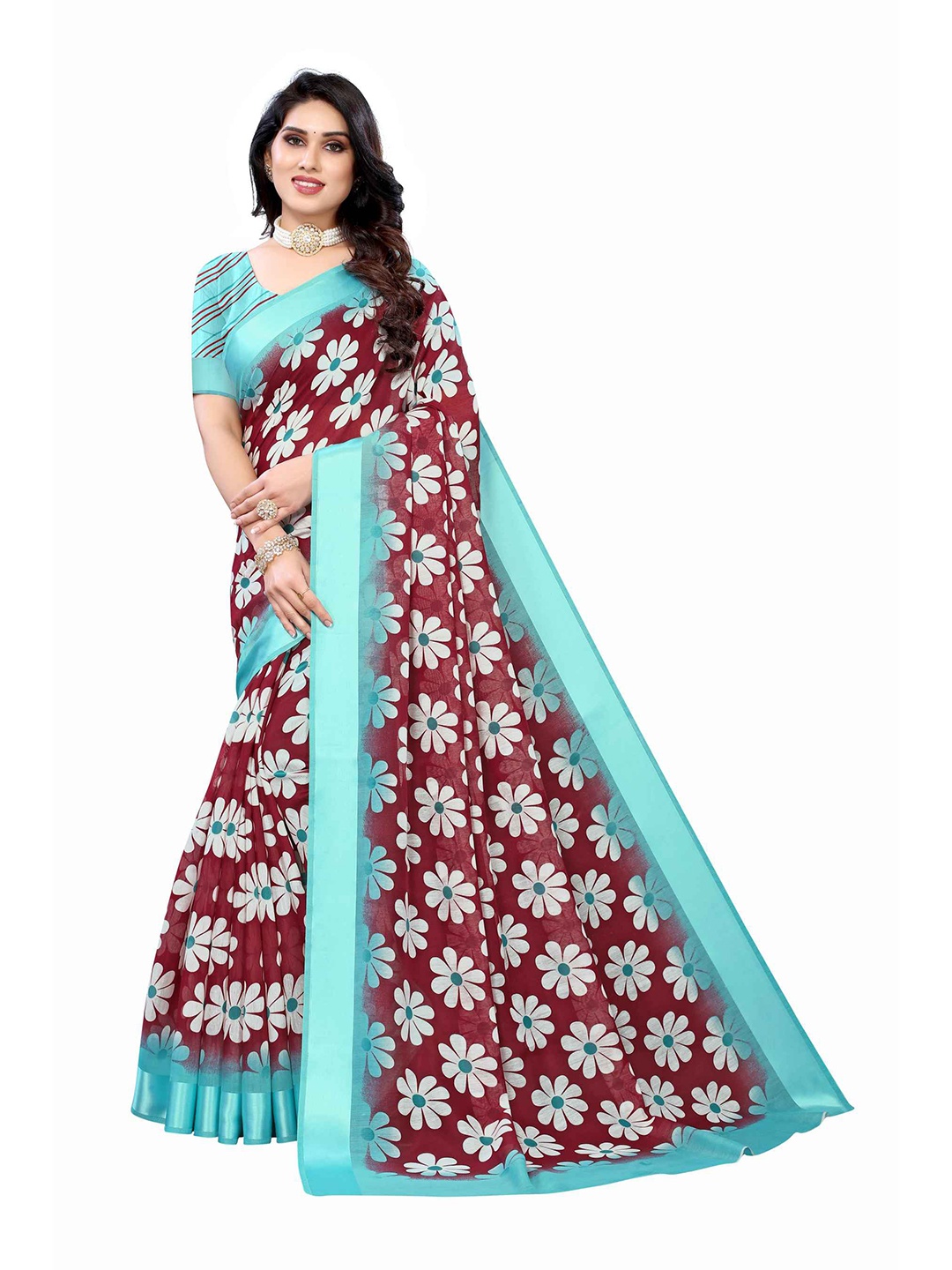 

AADVIKA Maroon & Turquoise Blue Floral Linen Blend Saree