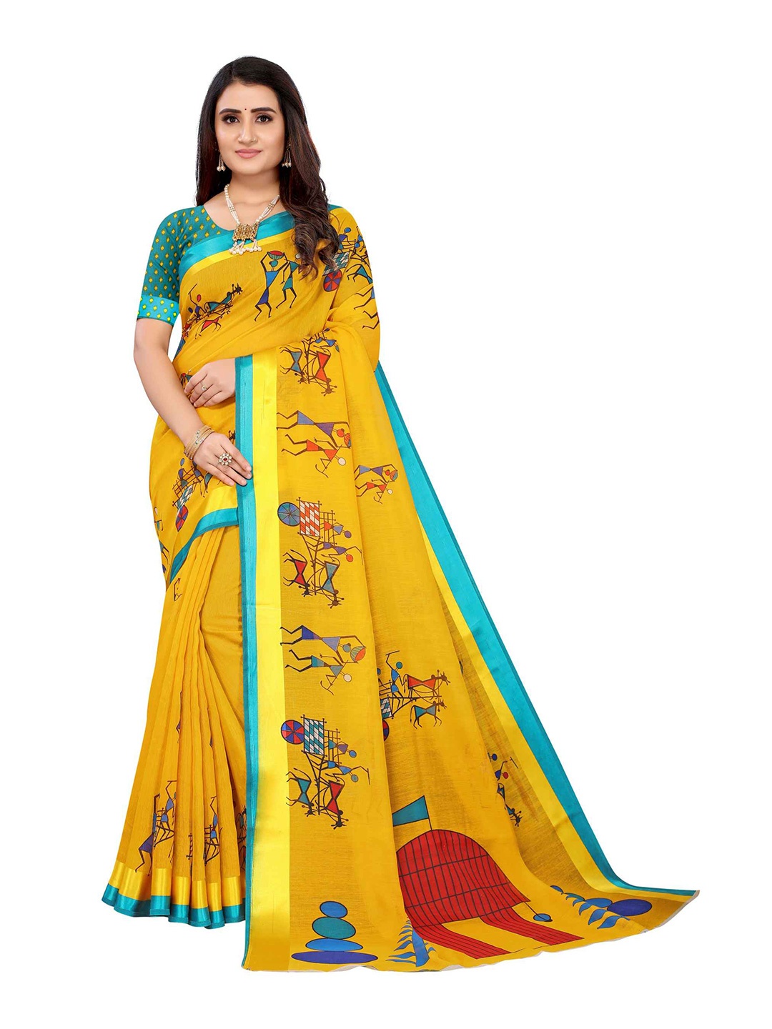 

AADVIKA Yellow & Red Warli Linen Blend Saree
