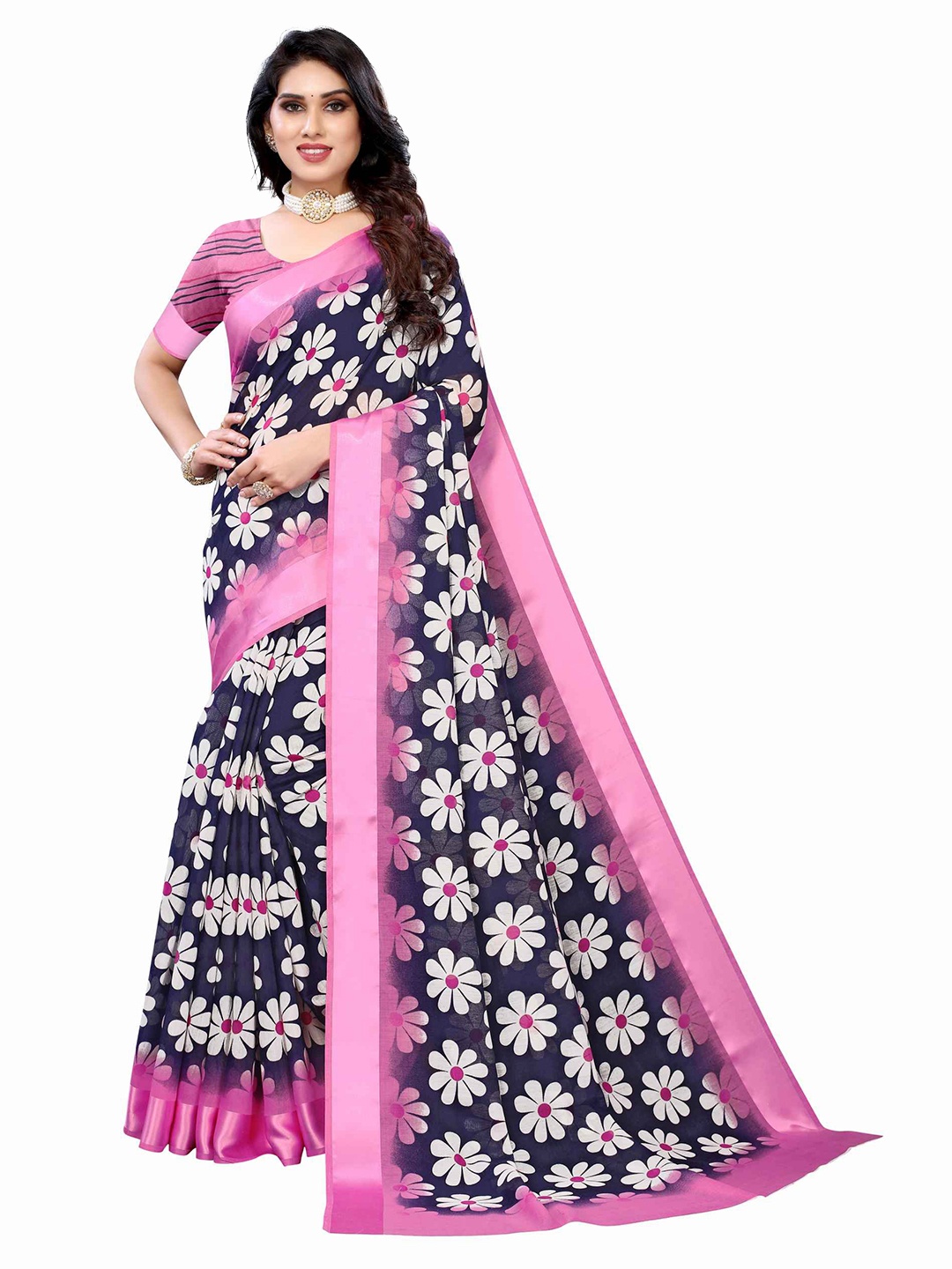 

AADVIKA Blue & Pink Floral Linen Blend Saree