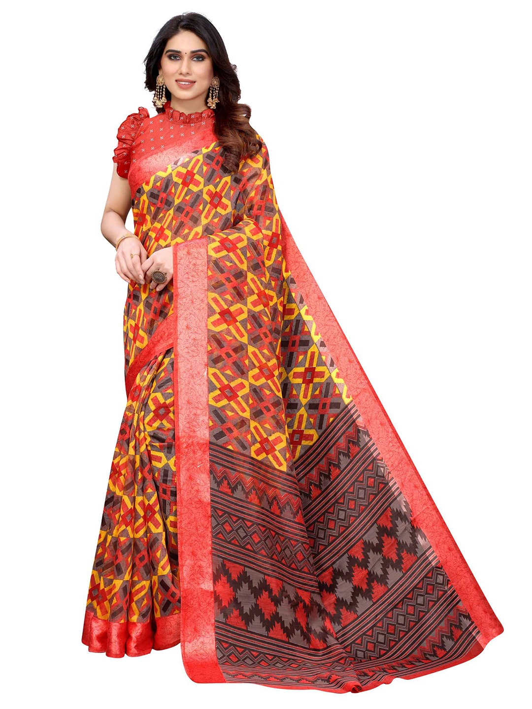

AADVIKA Orange & Grey Linen Blend Saree