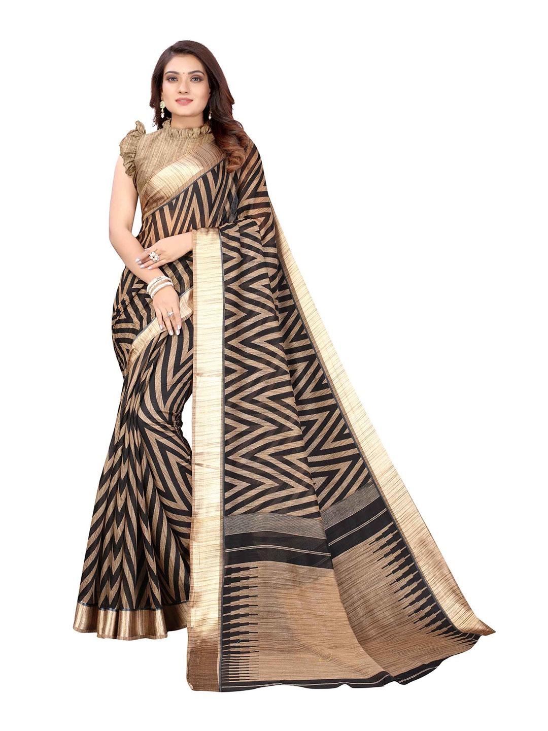 

AADVIKA Black & Beige Geometric Print Saree