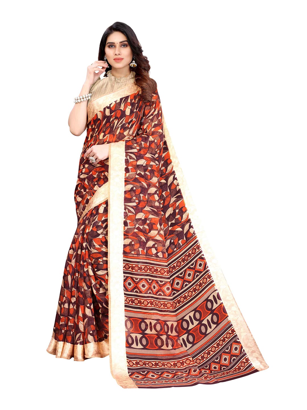 

AADVIKA Orange & Cream-Coloured Linen Blend Saree