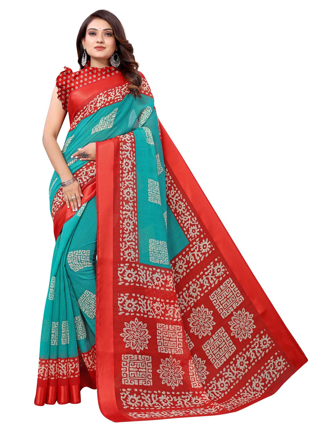 

AADVIKA Blue & Red Ethnic Motifs Linen Blend Saree