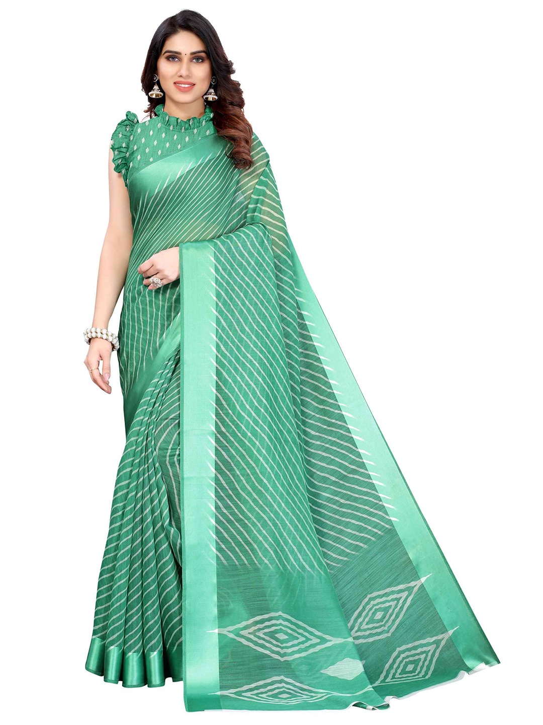 

AADVIKA Green Striped Linen Blend Saree