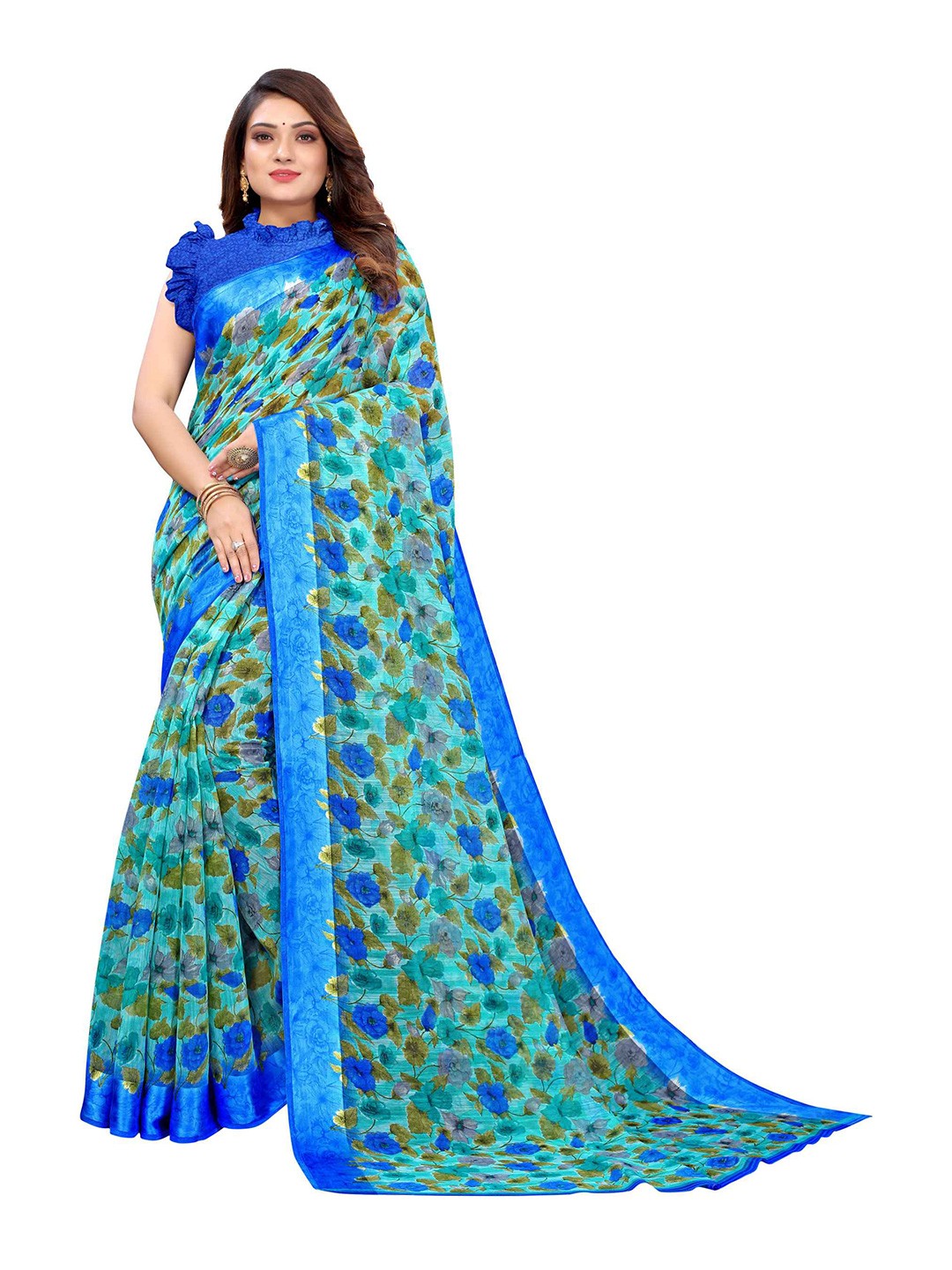 

AADVIKA Green & Blue Floral Print Saree