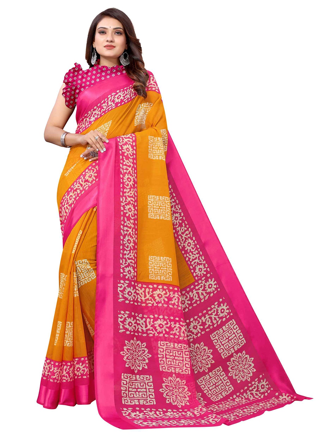 

AADVIKA Yellow & Pink Ethnic Motifs Linen Blend Saree