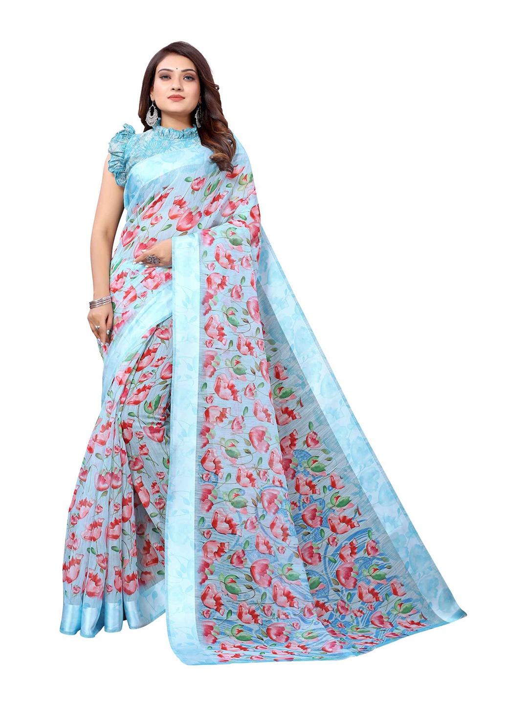 

AADVIKA Blue & Green Floral Printed Saree