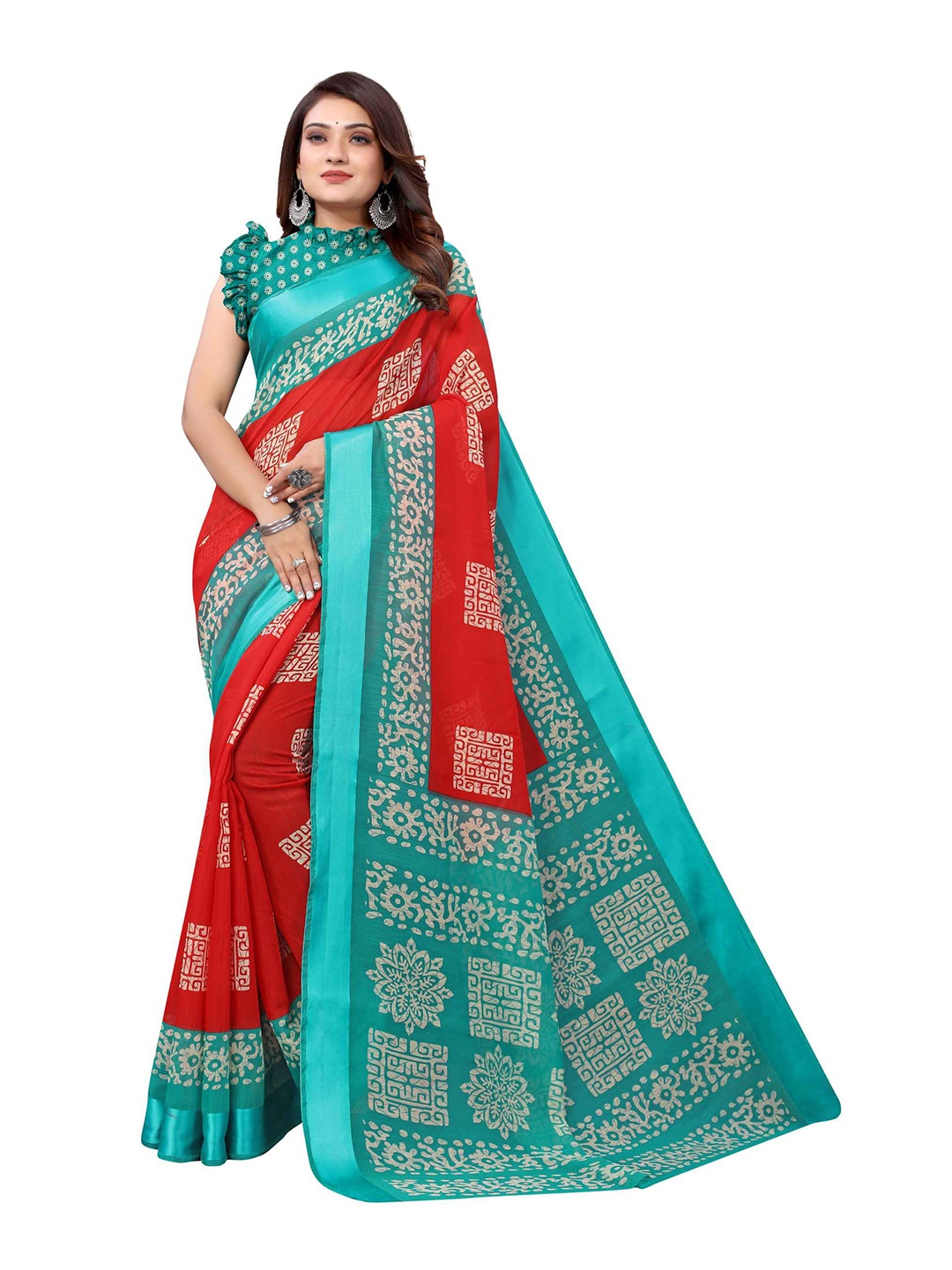 

AADVIKA Red & Turquoise Blue Ethnic Motifs Linen Blend Saree