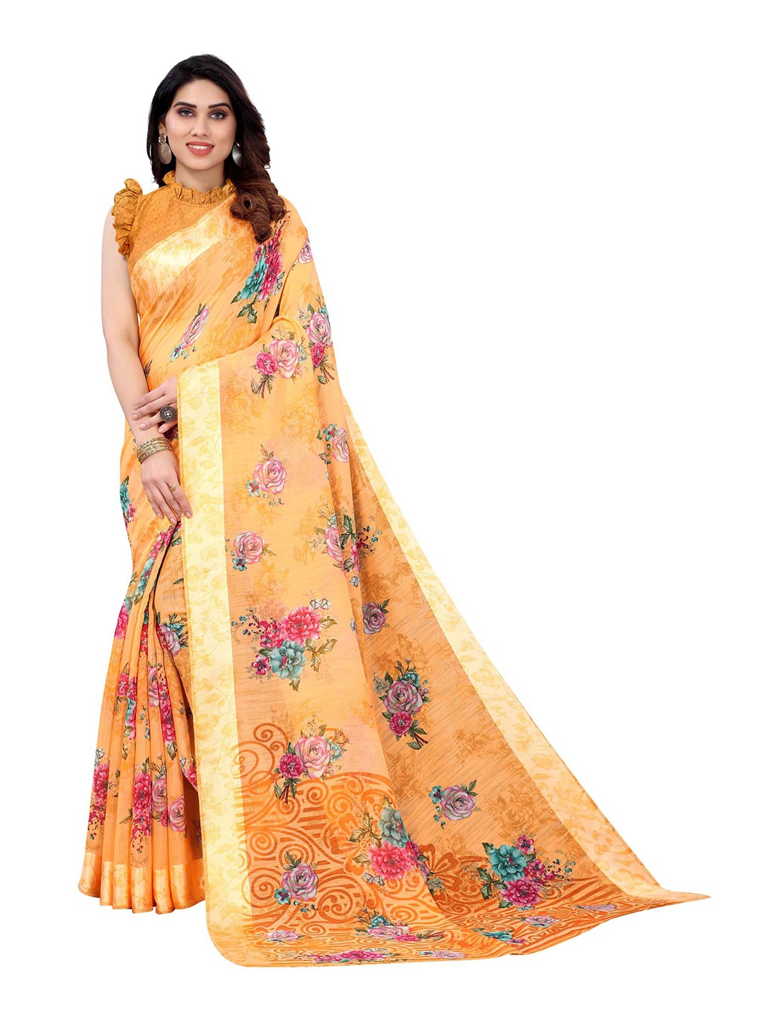 

AADVIKA Orange & Blue Floral Linen Blend Saree