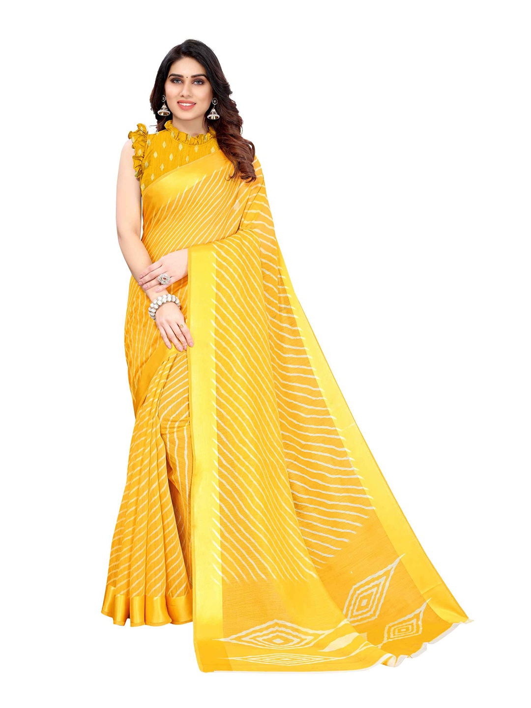 

AADVIKA Yellow Floral Linen Blend Saree