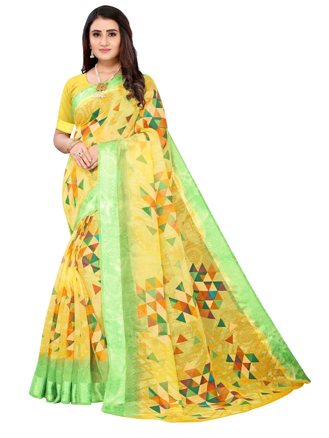 

AADVIKA Yellow & Green Linen Blend Saree