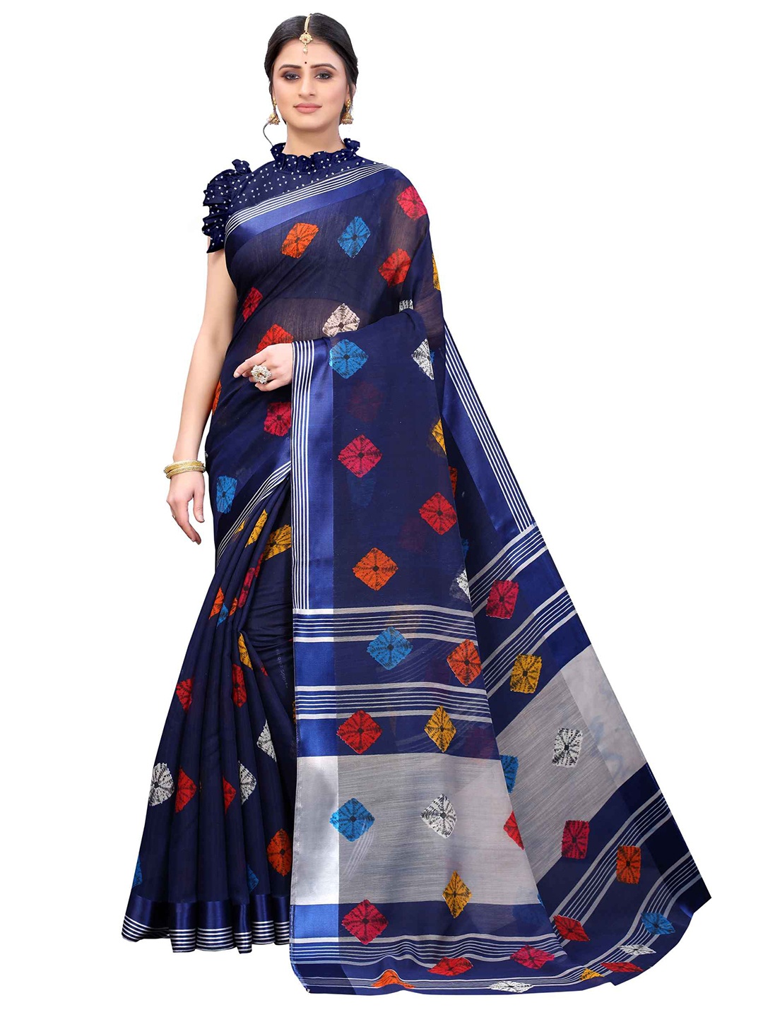 

AADVIKA Navy Blue & Red Floral Print Saree