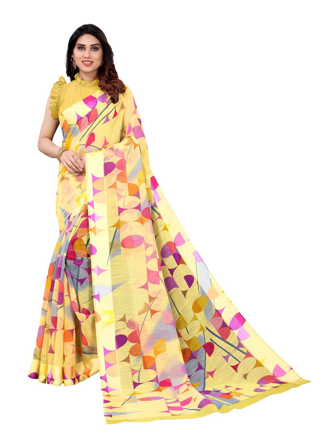 

AADVIKA Yellow & Red Linen Blend Saree