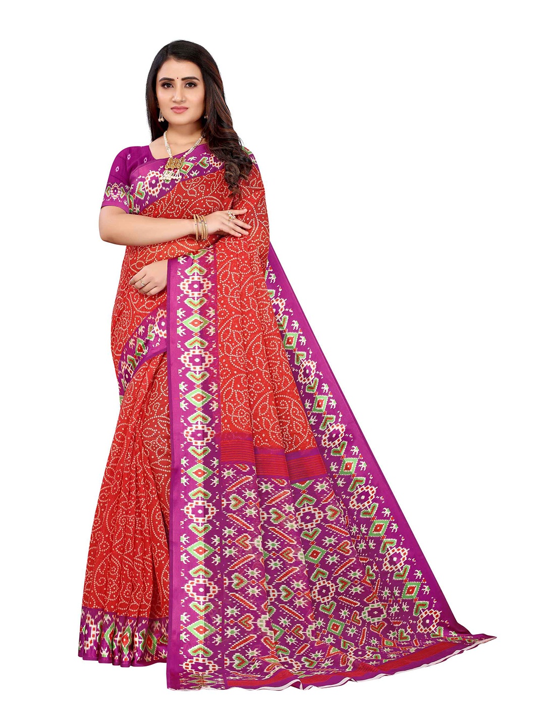 

AADVIKA Red & Champagne Floral Linen Blend Saree