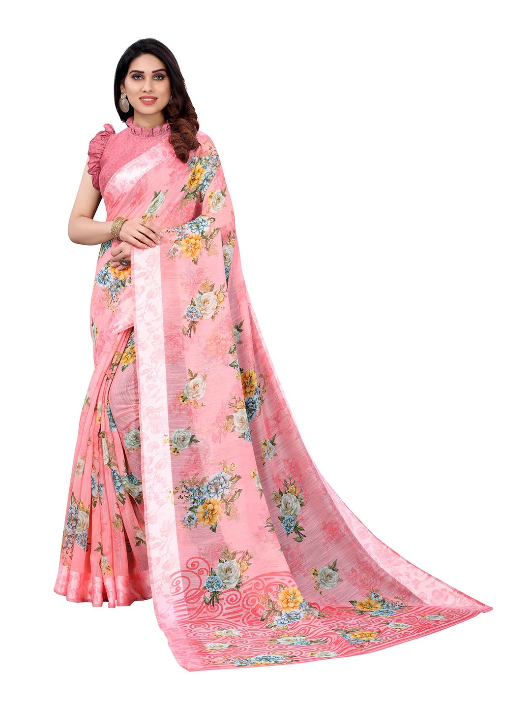 

AADVIKA Pink & Green Floral Linen Blend Ready to Wear Saree