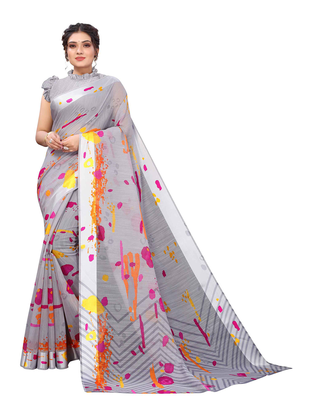 

AADVIKA Grey & Red Linen Blend Heavy Work Saree
