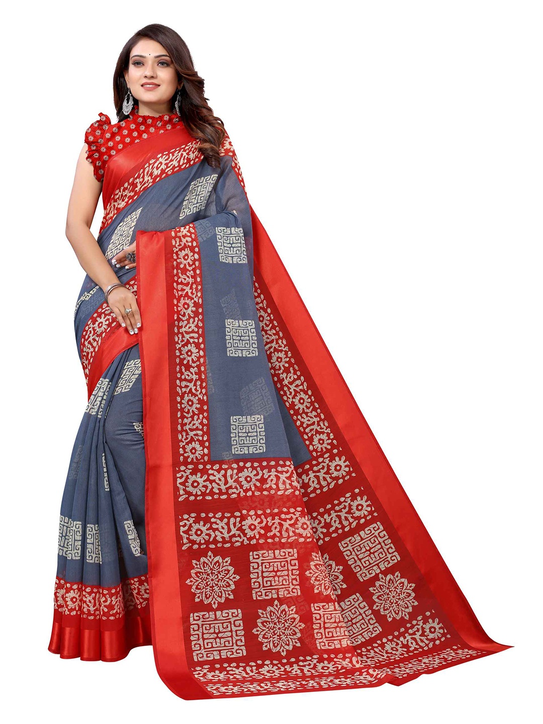 

AADVIKA Grey & Red Ethnic Motifs Linen Blend Saree