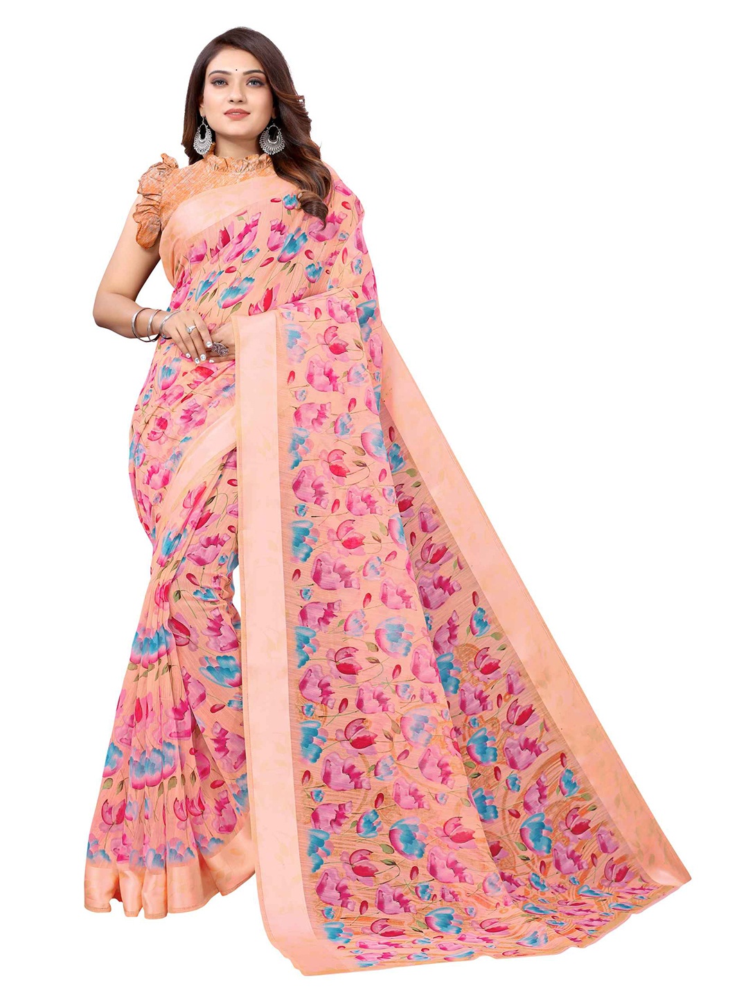 

AADVIKA Pink & Blue Floral Linen Blend Ready to Wear Saree