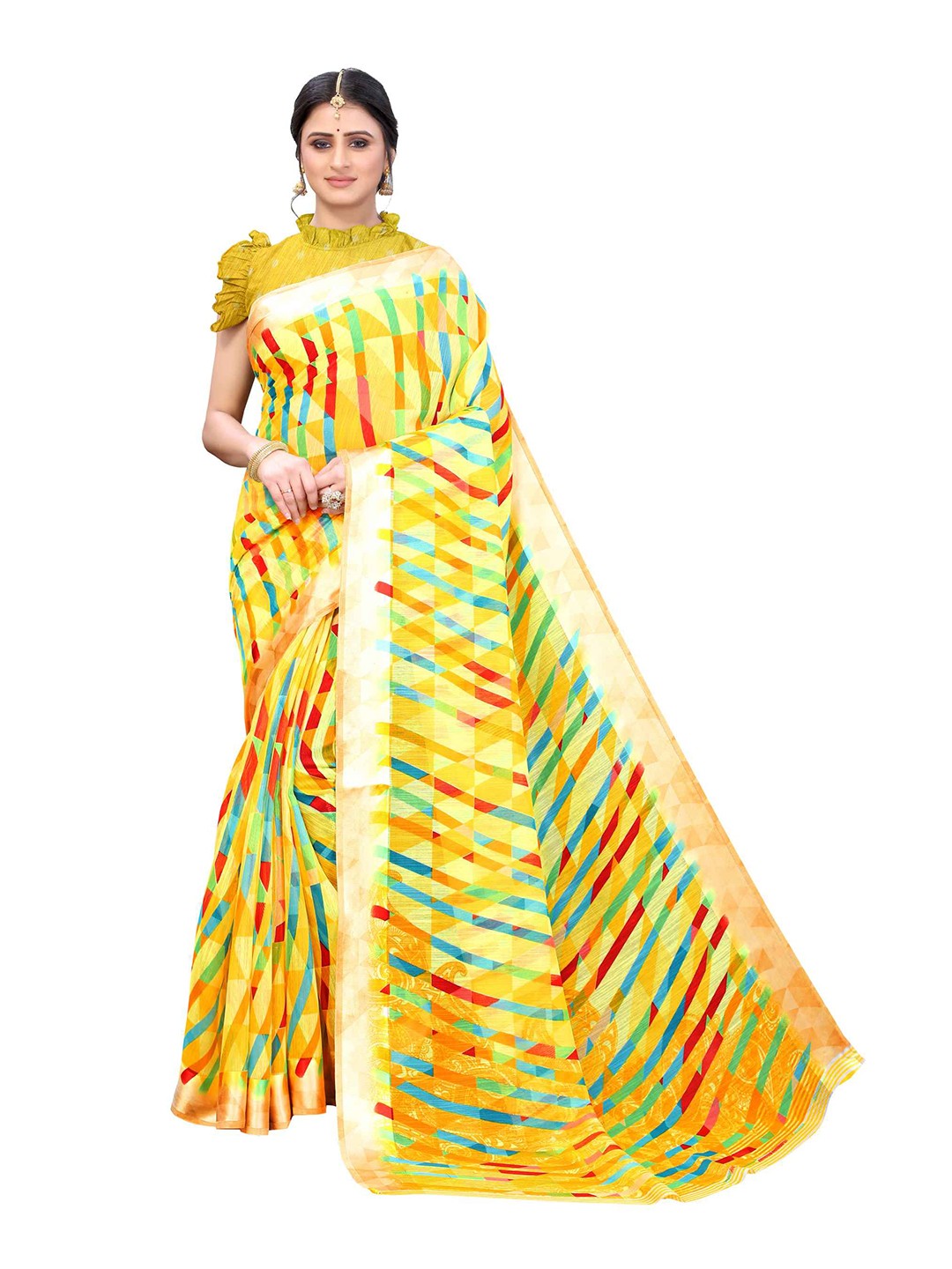 

AADVIKA Yellow & Green Geometric Printed Saree