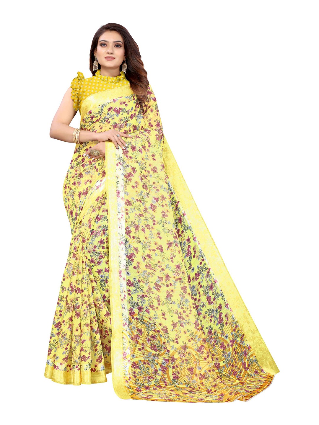

AADVIKA Yellow & Pink Floral Linen Blend Saree