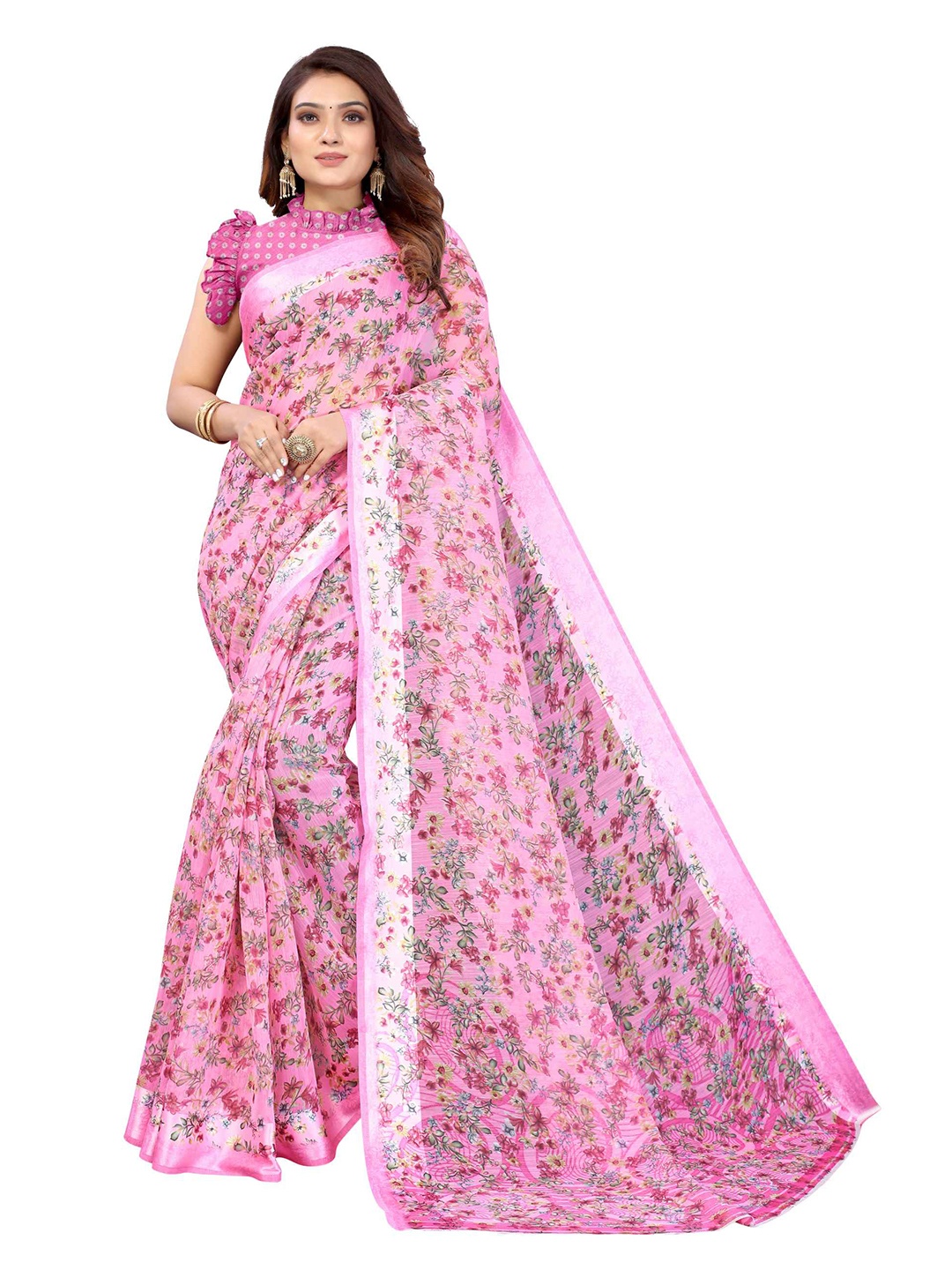 

AADVIKA Pink & Peach-Coloured Floral Linen Blend Saree