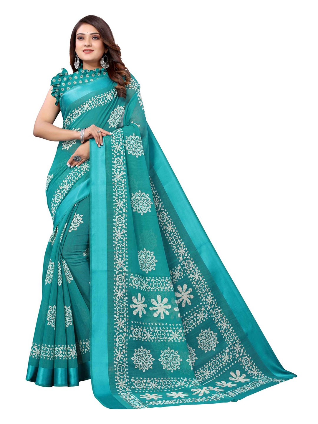 

AADVIKA Blue Floral Linen Blend Ready to Wear Saree